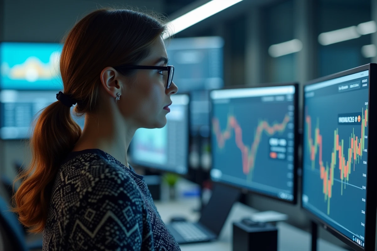 Femme examinant une infographie Bitcoin sur un moniteur