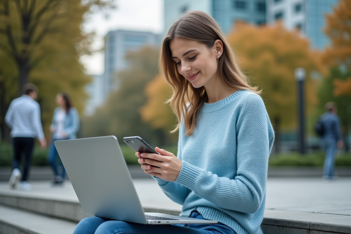 Femme détendue analysant des données financières en extérieur