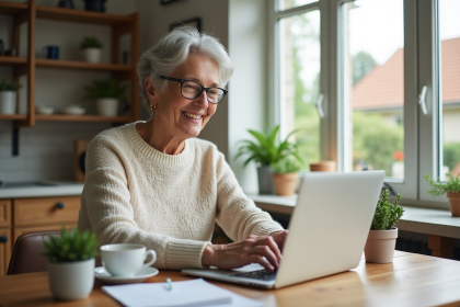Femme souriante utilisant un ordinateur portable dans la cuisine