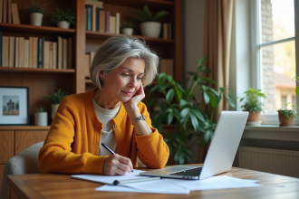 Femme d'âge moyen examine documents immobiliers dans un salon chaleureux