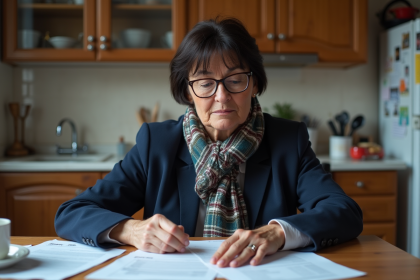 Femme française réfléchissant à un relevé de pension à la maison