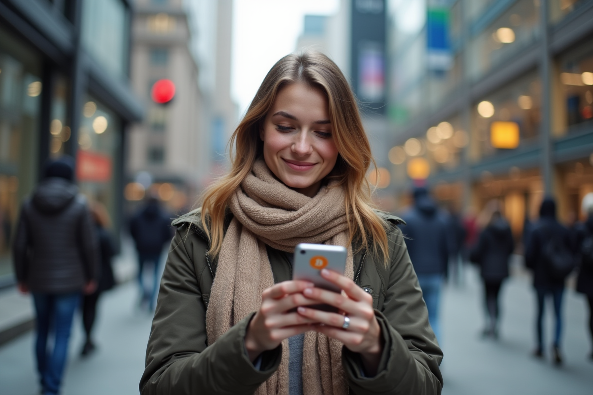 Jeune femme dehors avec smartphone affichant un portefeuille Bitcoin