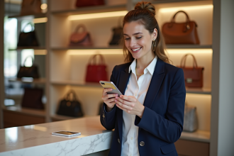 Femme élégante avec carte bancaire dans une boutique chic