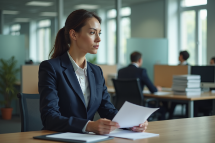 Femme en costume navy dans un bureau moderne
