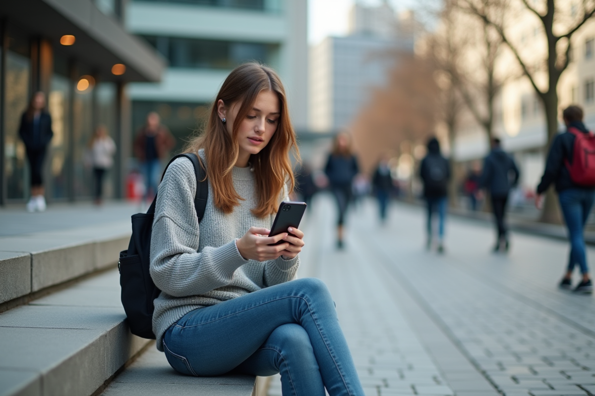 Jeune femme urbaine étudiant un graphique bitcoin sur smartphone