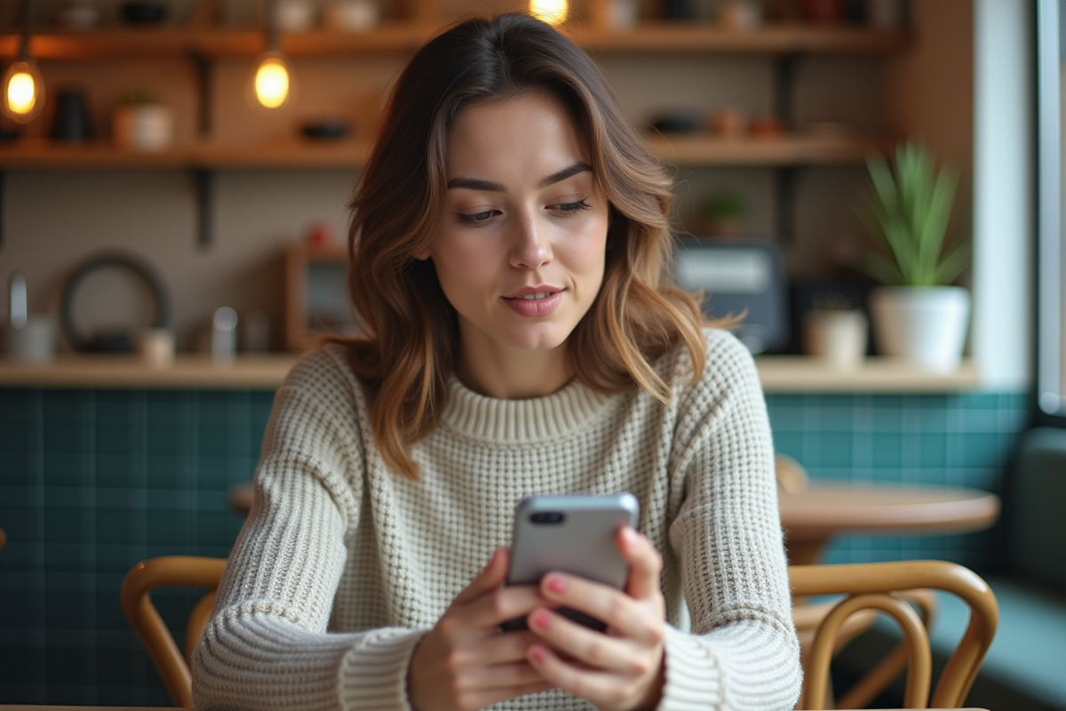 Femme vérifiant un message sur son smartphone au café