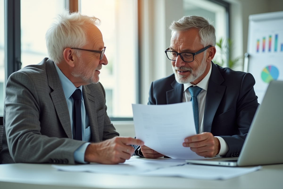 Mentor et jeune apprenti discutant de papiers et de retraite dans un bureau lumineux