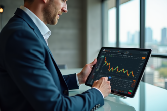 Homme d'affaires en costume vérifiant bitcoin sur tablette