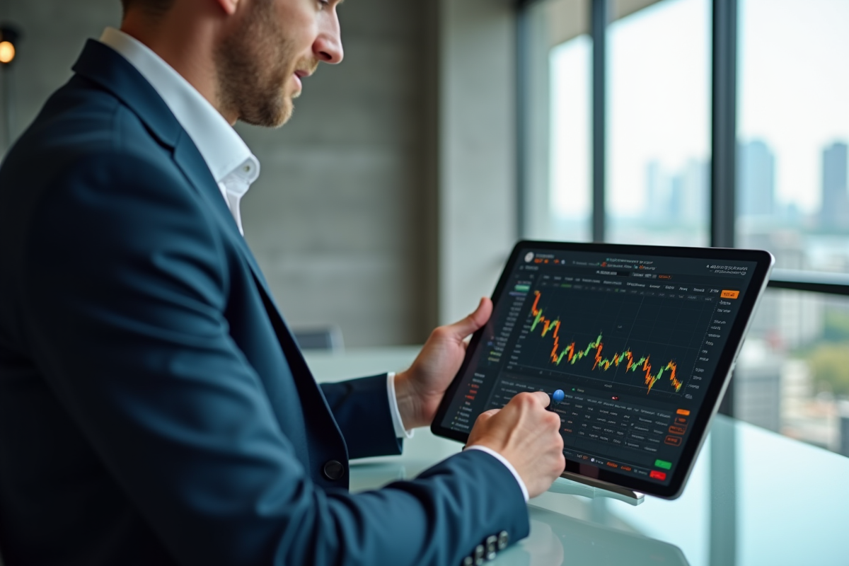 Homme d'affaires en costume vérifiant bitcoin sur tablette