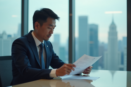 Homme d'affaires asiatique en costume navy en réunion