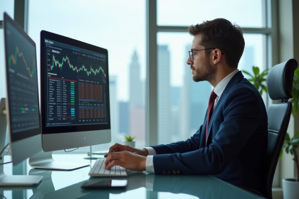 Jeune homme d'affaires en costume studyant des graphiques financiers