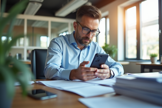 Homme d affaires cherchant dans des papiers avec son smartphone