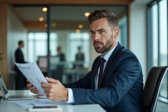 Homme d'affaires en costume bleu examine un rapport financier