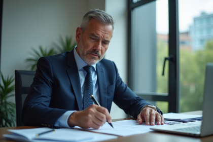 Homme d'affaires en costume navy dans un bureau moderne