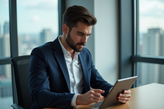 Jeune homme professionnel analysant graphiques crypto sur tablette