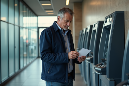 Homme d'âge moyen vérifiant son reçu bancaire à un ATM intérieur