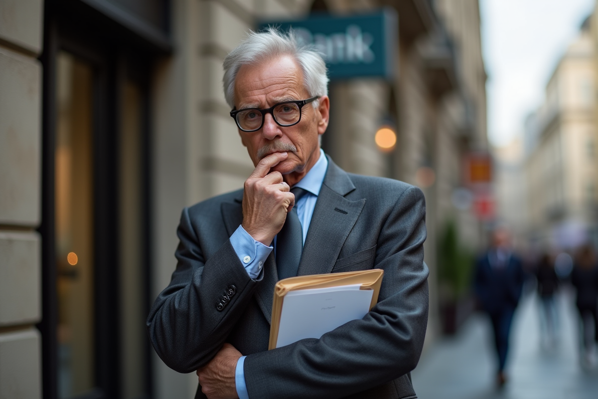 Homme âgé en costume devant une banque en ville