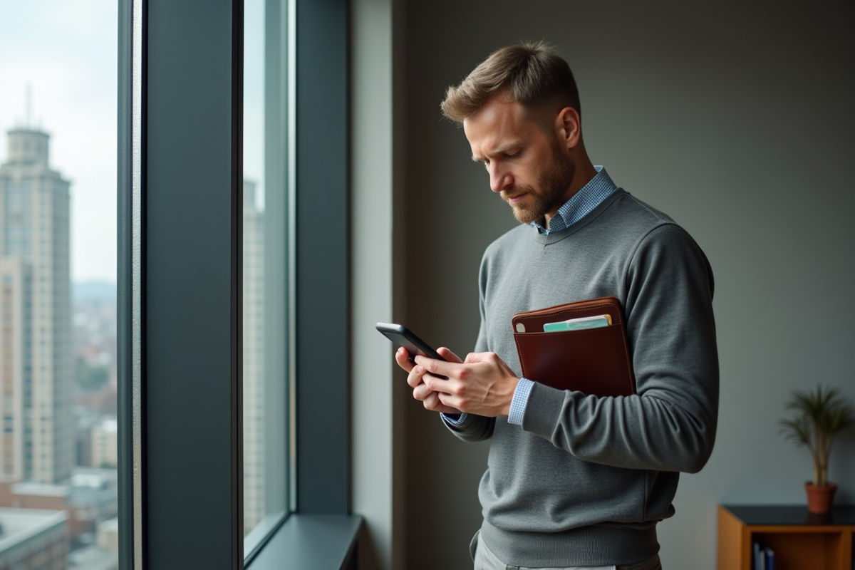 Homme vérifiant une application de budget sur smartphone