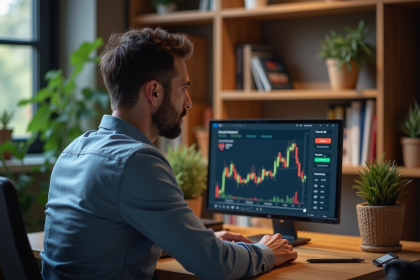 Homme d age moyen étudiant un graphique Bitcoin sur son ordinateur