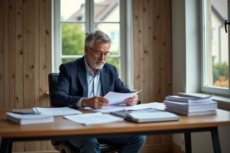 Homme en bureau moderne examinant des papiers de construction