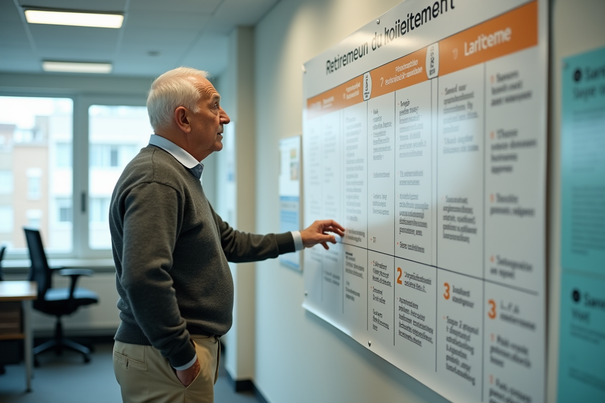 Homme âgé examinant une chronologie de retraite au bureau