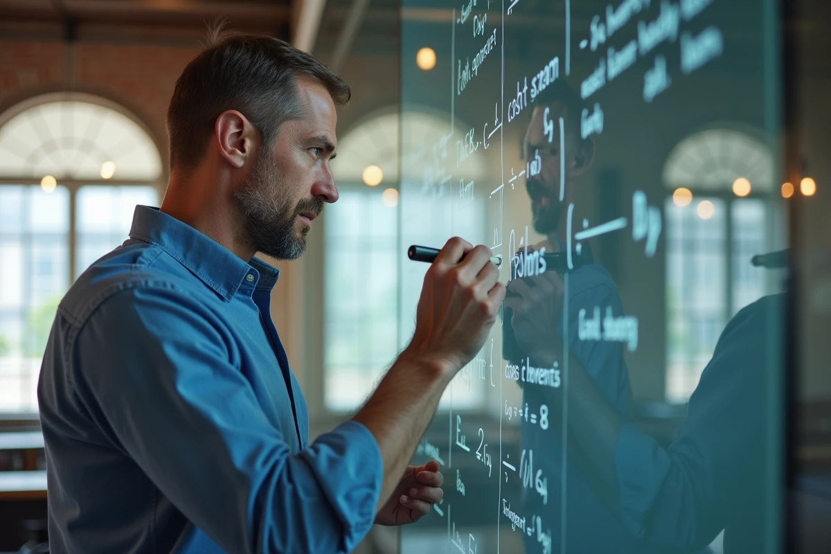 Homme esquissant formule sur tableau blanc