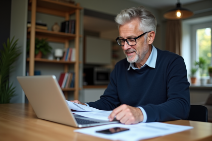 Homme d'âge moyen examinant des documents financiers dans un intérieur français