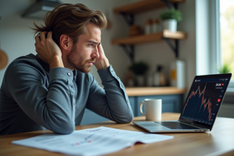 Homme inquiet regardant des pages crypto et écran en baisse