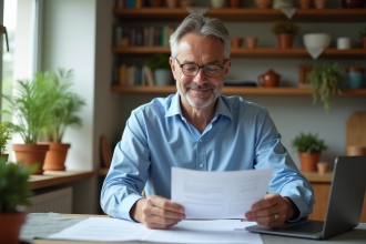 Homme d'âge moyen lisant des documents dans une cuisine lumineuse
