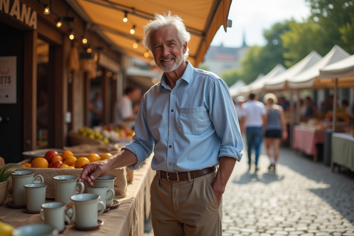 Homme arrangeant des mugs en céramique au marché en plein air