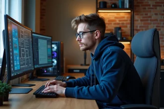 Jeune homme surveillant des rigs de minage crypto dans un bureau