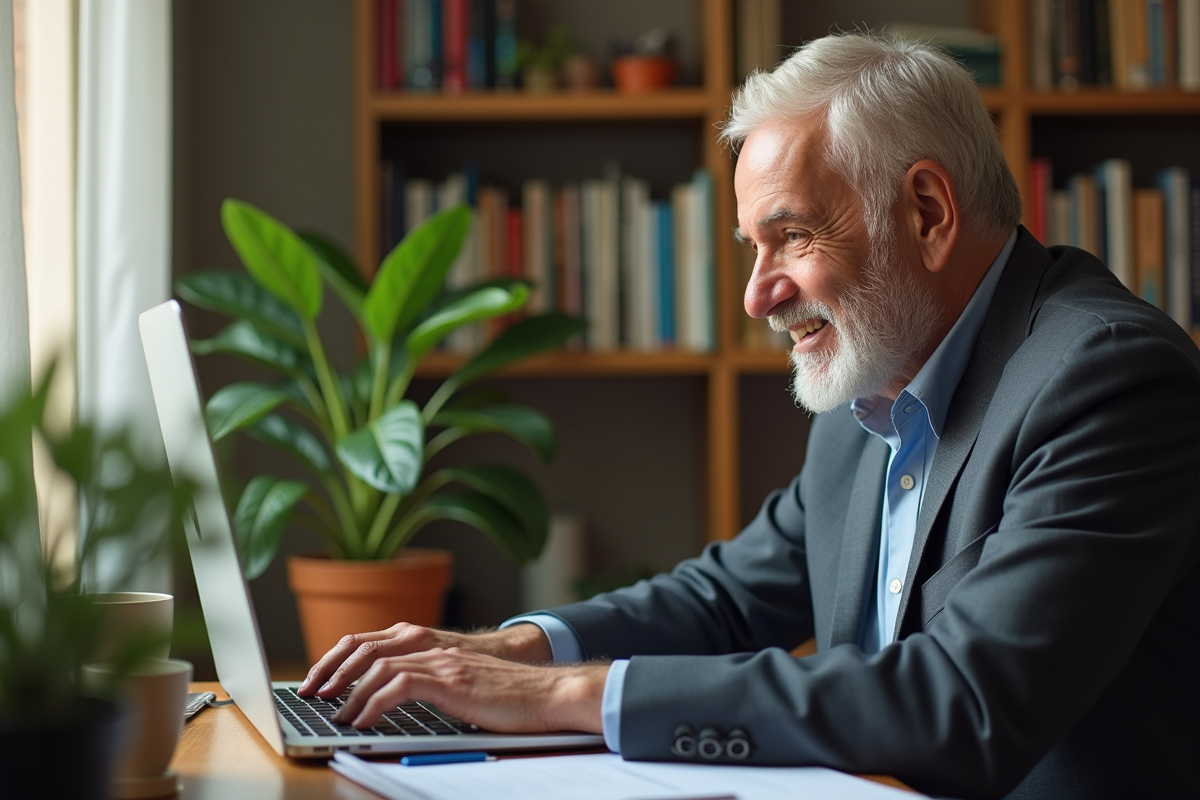 Homme âgé travaillant sur un ordinateur dans un bureau cosy