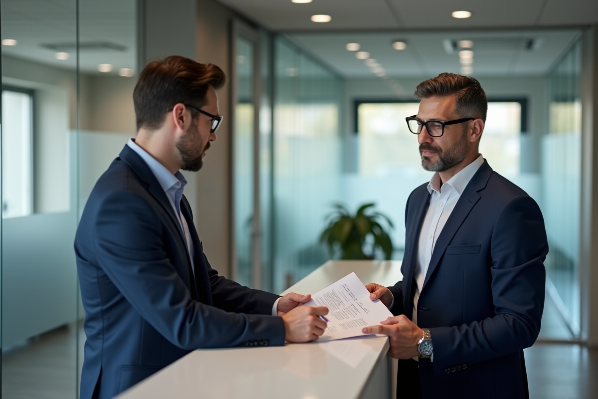 Homme d âge moyen présentant des documents signés au bureau