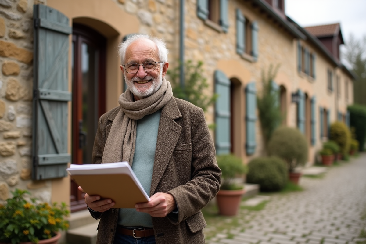 Homme souriant devant une maison de vacances en pierre dans un village français