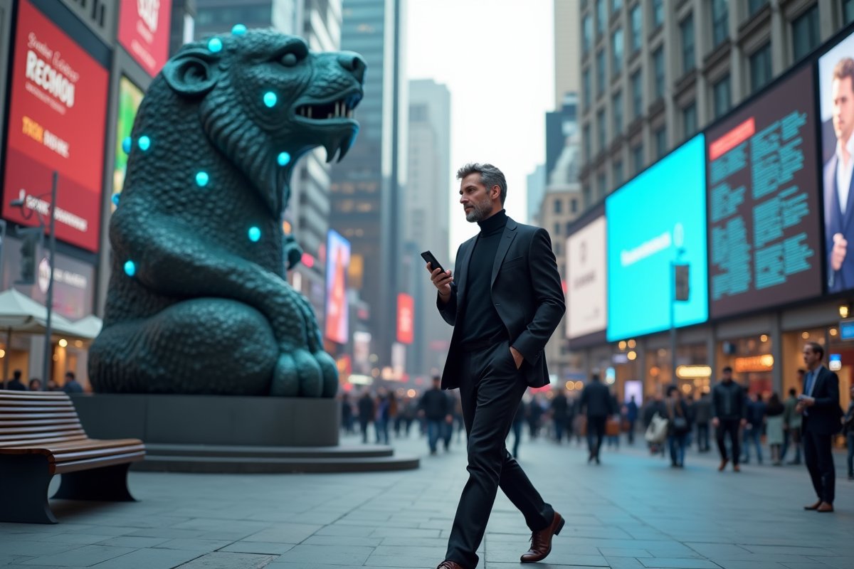 Homme marchant dans une ville avec affichages blockchain