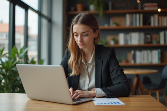 Jeune femme compare des taux de prêt sur son ordinateur