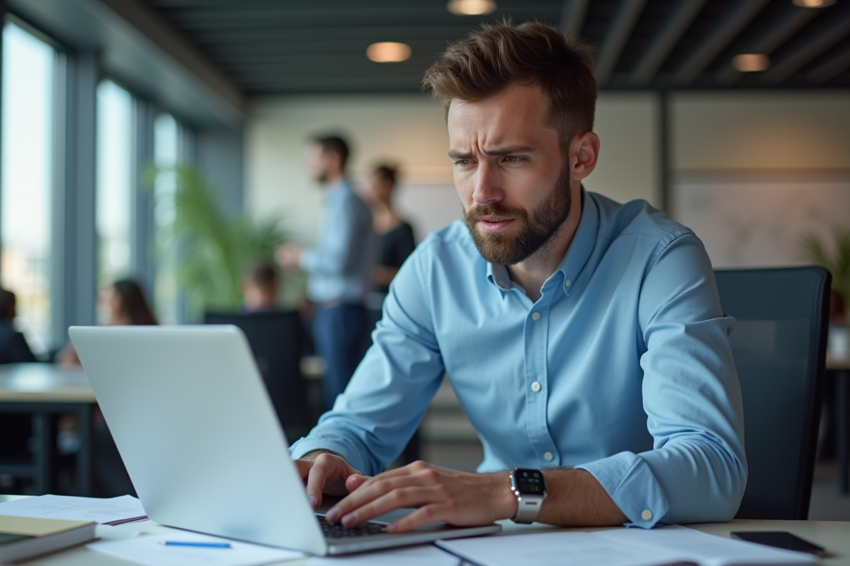 Jeune professionnel regarde son ordinateur dans un bureau moderne