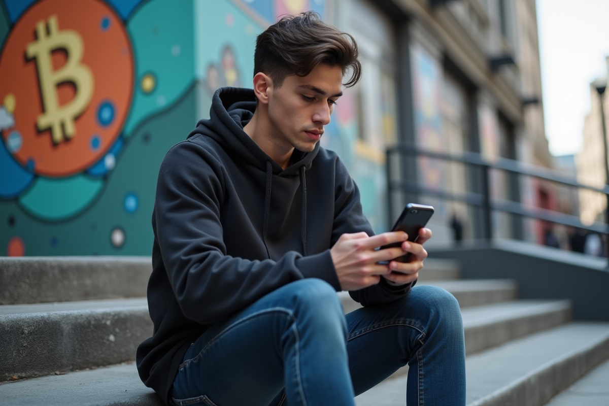 Jeune homme vérifiant crypto sur smartphone en ville
