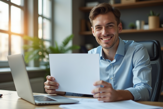 Jeune professionnel confiant avec certificat d'assurance au bureau