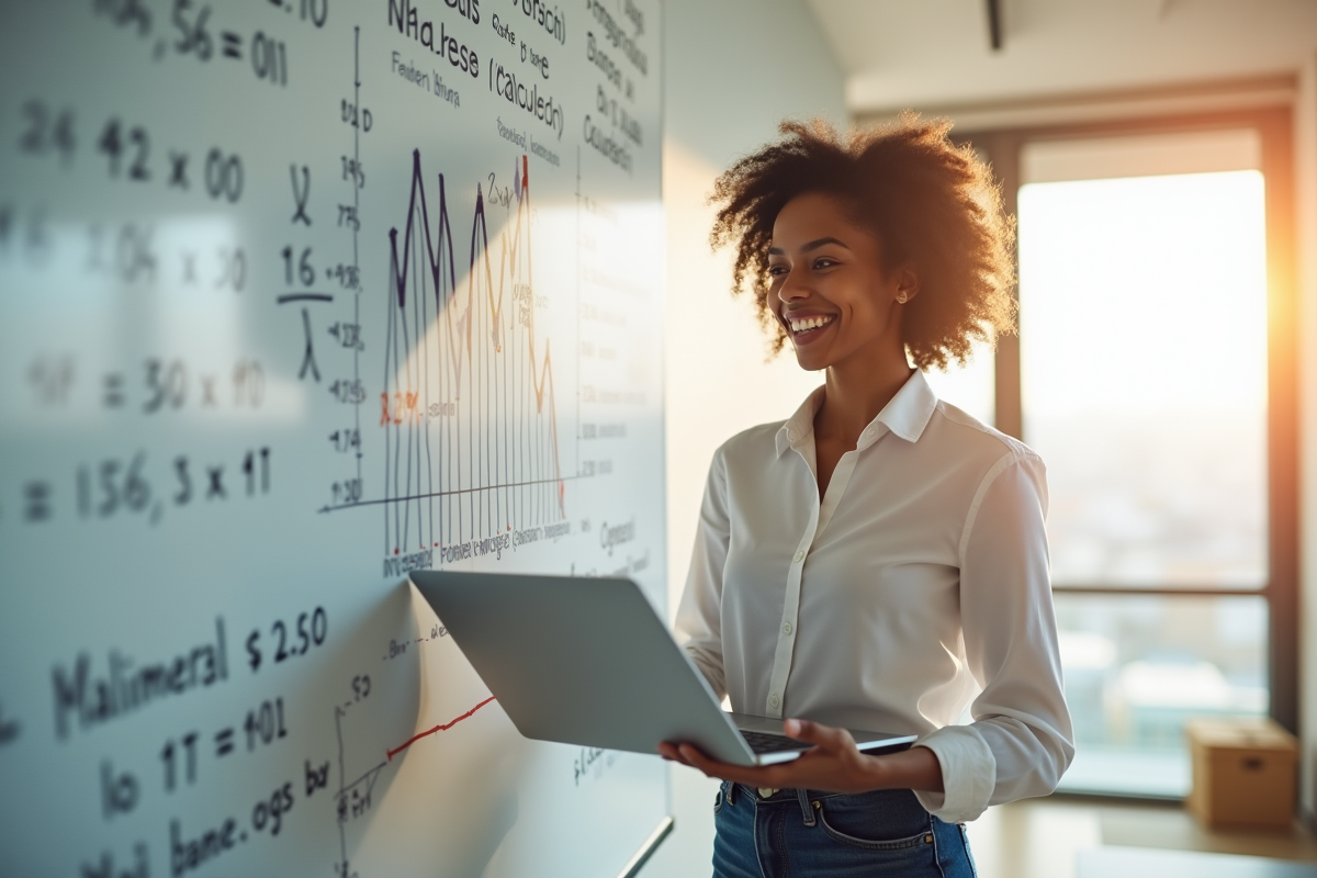 Jeune professionnel avec ordinateur et tableau blanc ensoleille