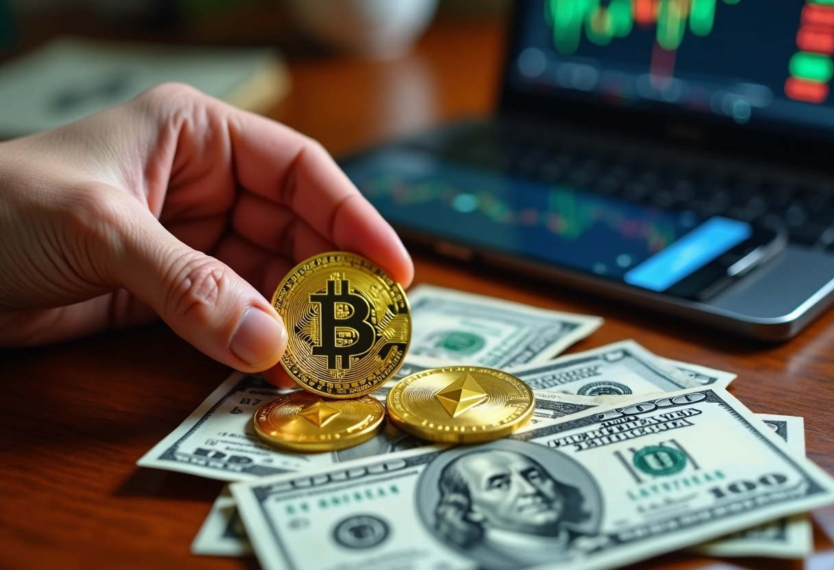 Main tenant un Bitcoin et Ethereum au-dessus d un bureau en bois
