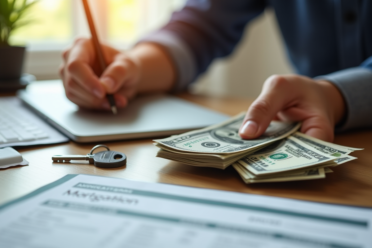 Mains posant des dollars sur une clé de maison et formulaire de prêt
