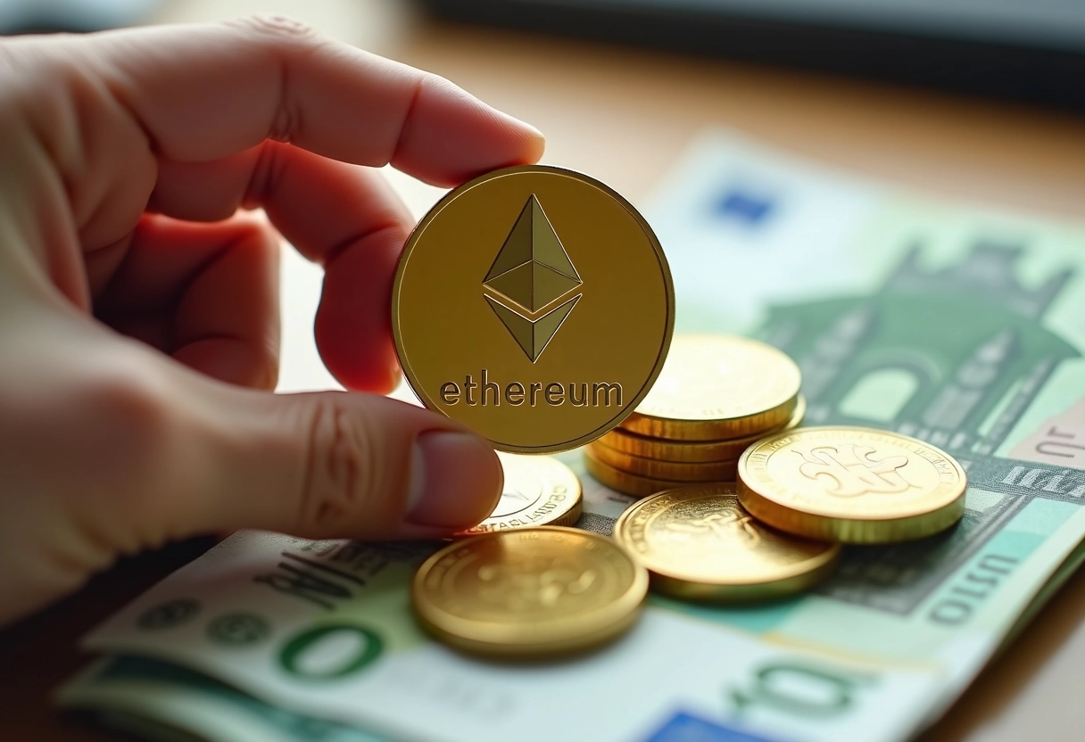Main tenant une pièce Ethereum sur des billets d