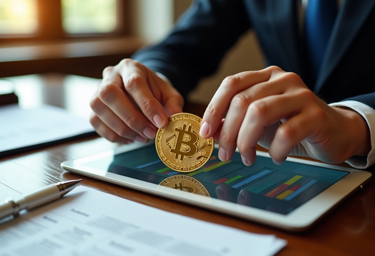 Mains échangeant un bitcoin doré sur un bureau en bois avec documents et tablette
