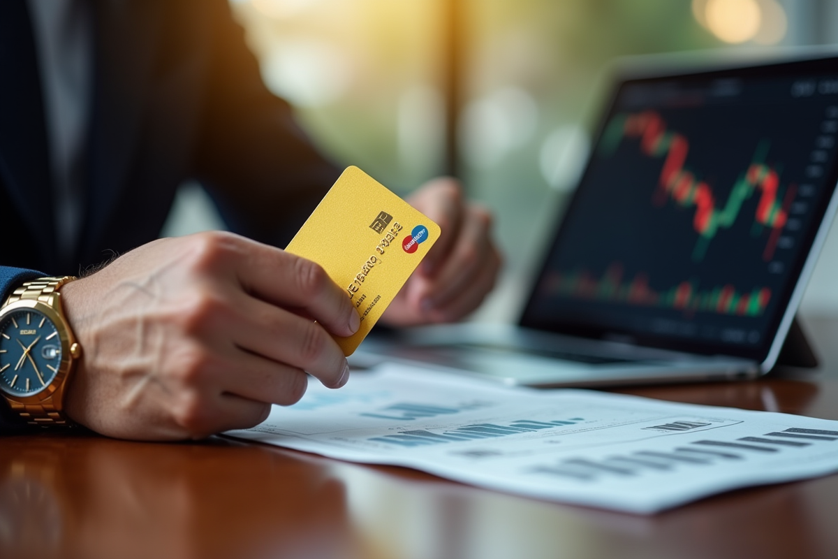 Mains tenant une carte de crédit en or et une montre de luxe