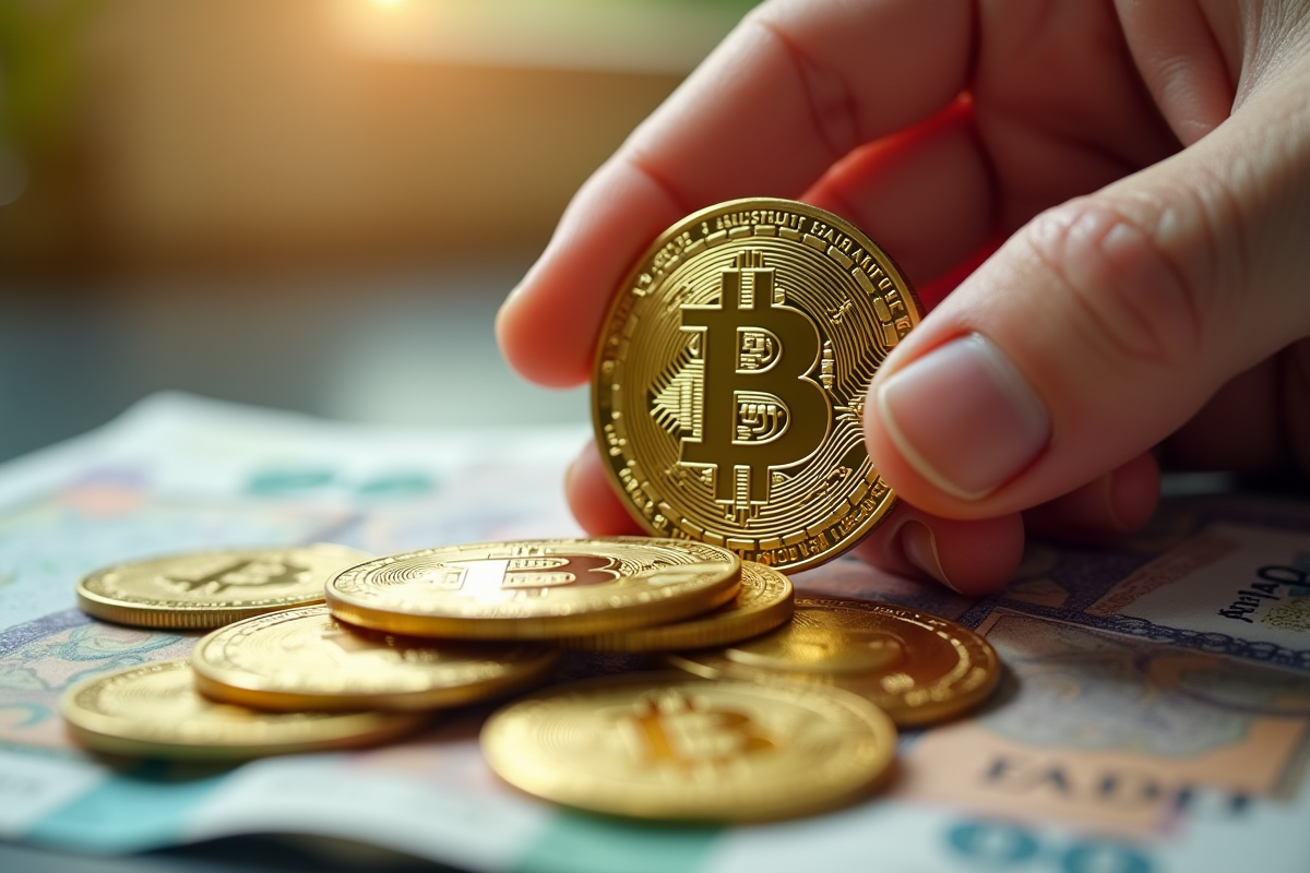 Main tenant une pièce de Bitcoin brillante sur des billets et tokens financiers