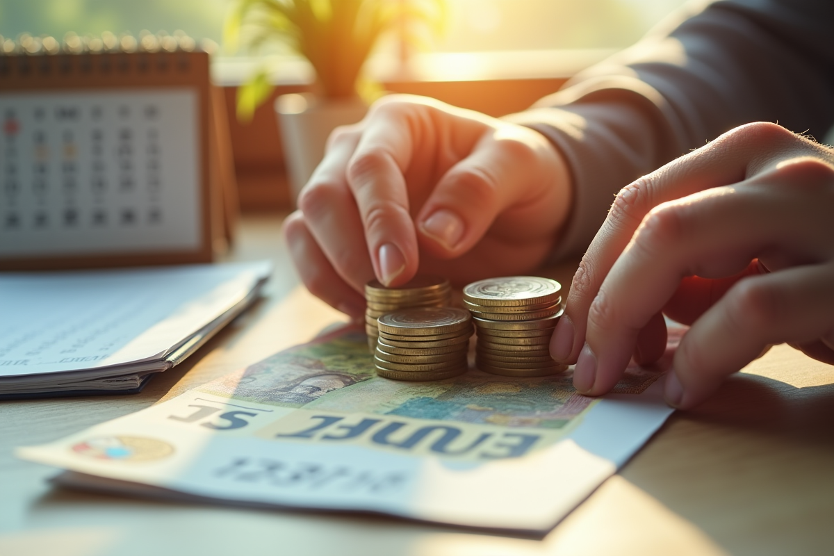 Mains empilant des jetons euros avec un livret A et un calendrier