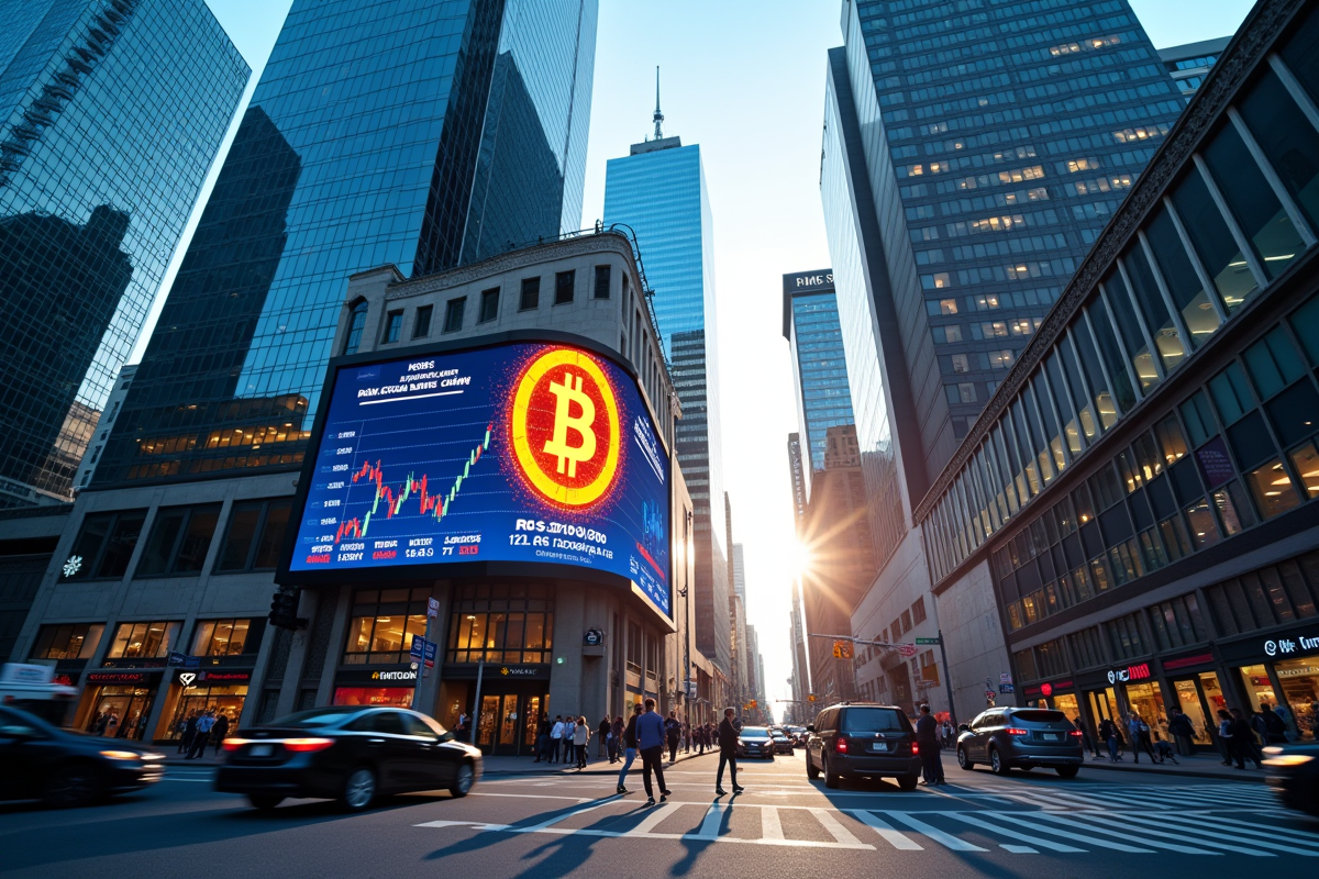 Panneau numérique avec symbole Bitcoin dans une ville animée