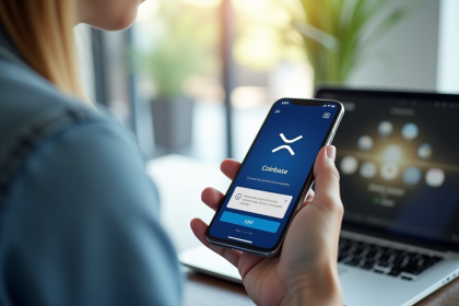 Personne regardant son smartphone avec interface Coinbase XRP