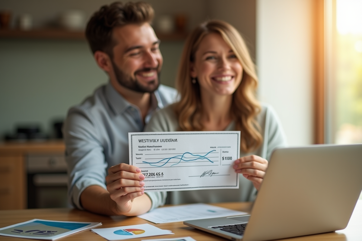 Personne souriante tenant un cheque de dividendes dans une cuisine lumineuse